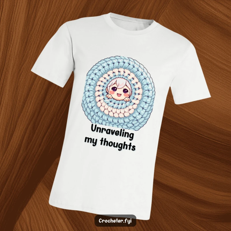 Funny t-shirt with a cheerful character partially hidden by an enormous crochet project, celebrating the love of yarn and crafting.