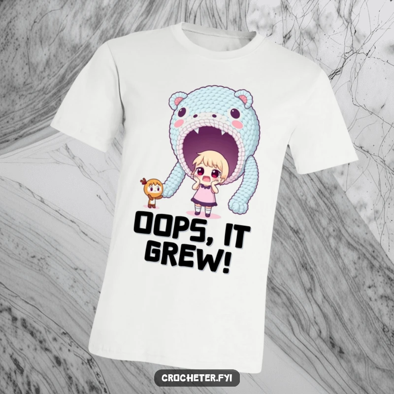 Funny t-shirt featuring a surprised character gazing at an enormous, unexpectedly large crocheted creation.