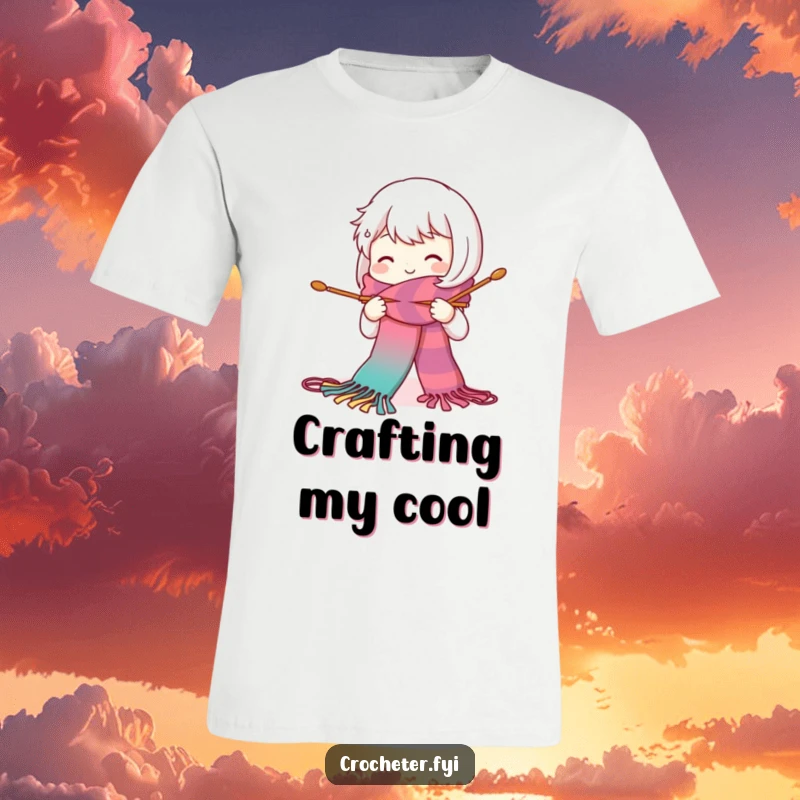 Funny t-shirt depicting a cheerful character actively knitting a long, colorful scarf with large needles, embodying cozy creativity.