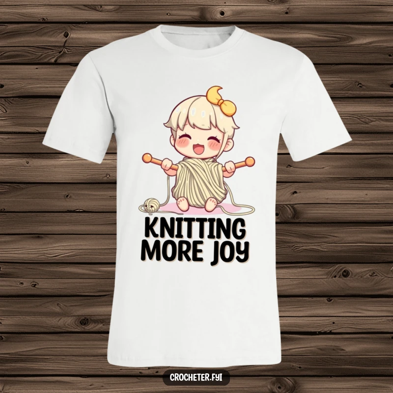 Funny t-shirt with a happy character enthusiastically knitting with large needles and yarn, a charming representation of crafting.