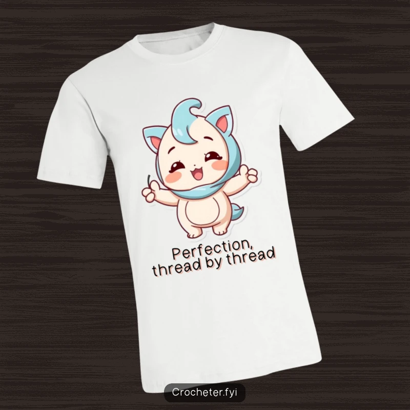 Funny t-shirt showing a happy character proudly displaying a perfectly executed knitting stitch with a joyful expression.