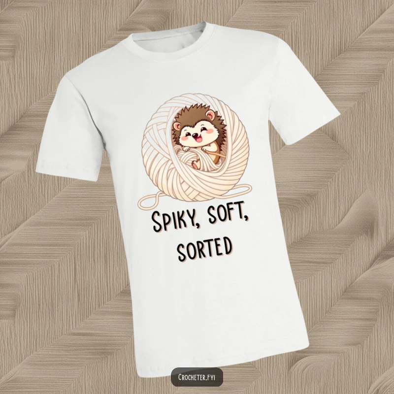 Funny hedgehog t-shirt, depicted as a happy creature rolling in a huge ball of yarn, celebrating coziness.