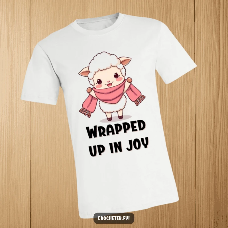 Funny perky sheep beaming with joy while holding a very long scarf, a humorous and stylish t-shirt.