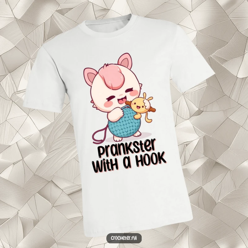 Funny T-Shirt: A mischievous character uses a crochet hook for a playful tickle prank on a friend, spreading joy.