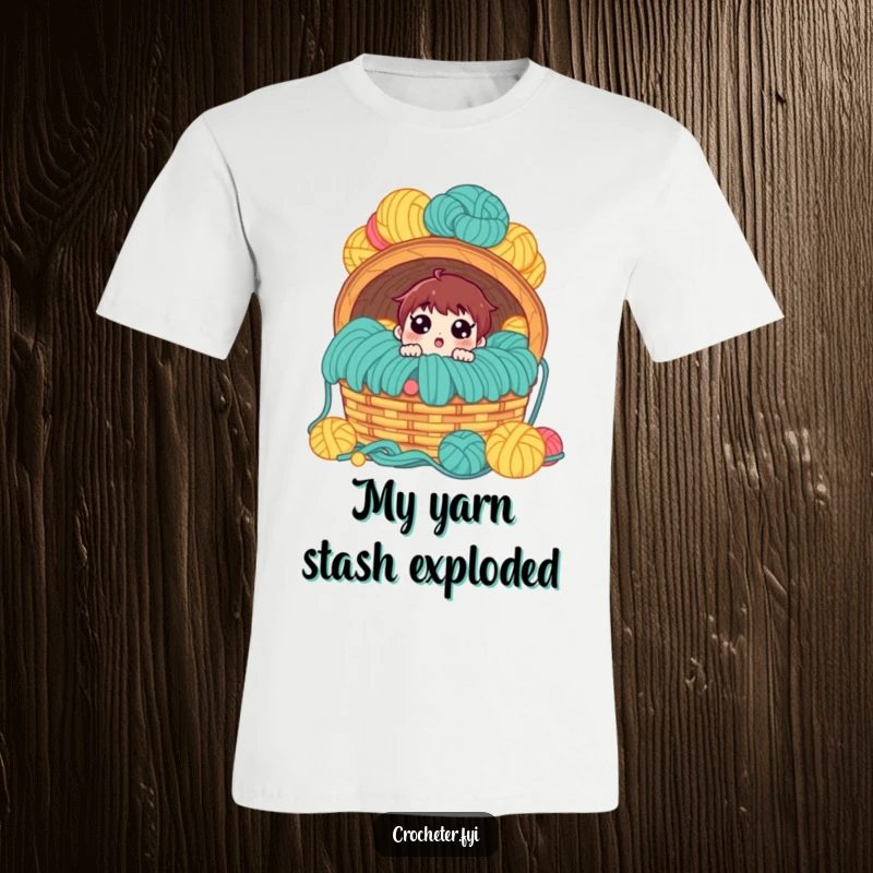 Funny t-shirt, surprised character staring at a massive, overflowing yarn basket, hilarious gift for knitters.