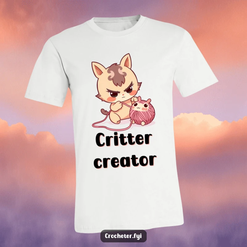 Funny t-shirt with a mischievous character playfully revealing a small yarn critter from a work in progress.