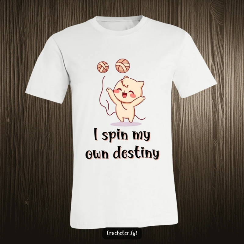 Funny yarn tossing character t-shirt, mid-air yarn ball, capturing pure playful energy and humor.