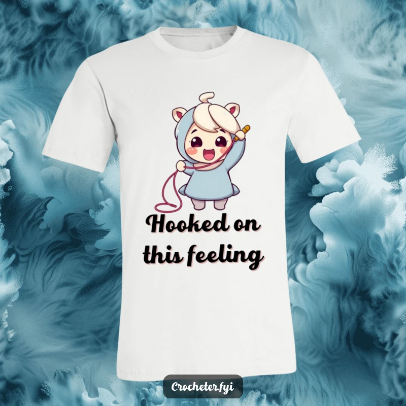 Funny Crochet T-Shirt: Cheerful character enthusiastically pulls a long thread from a crochet hook, showcasing their crafting passion.