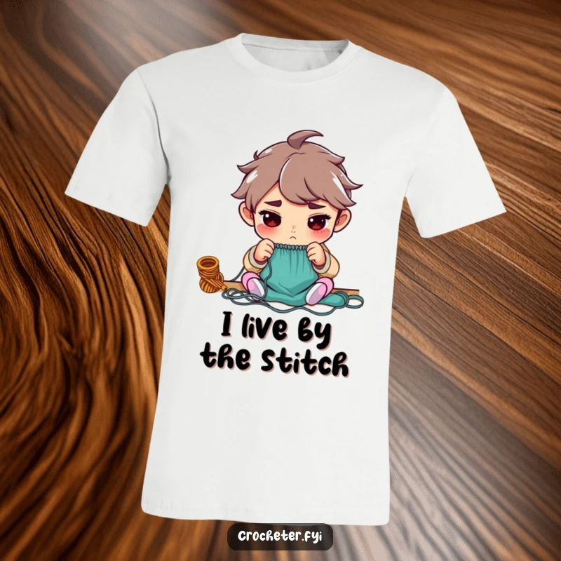 Funny t-shirt depicting a determined character with a laser focus, diligently counting every single knitting stitch.