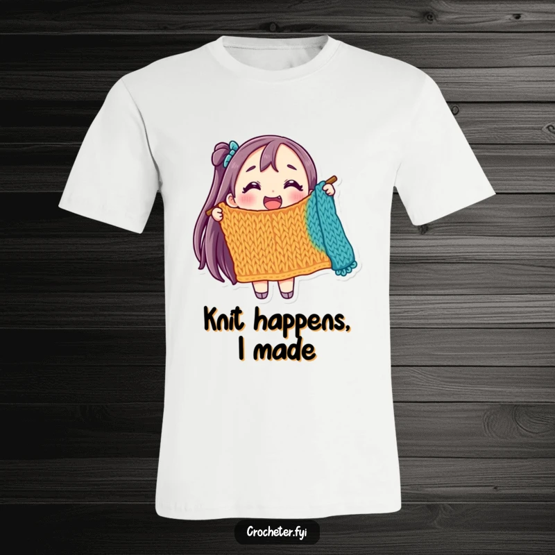 Funny t-shirt of a joyful character holding a colorful, partially knitted item, beaming with pride and accomplishment.