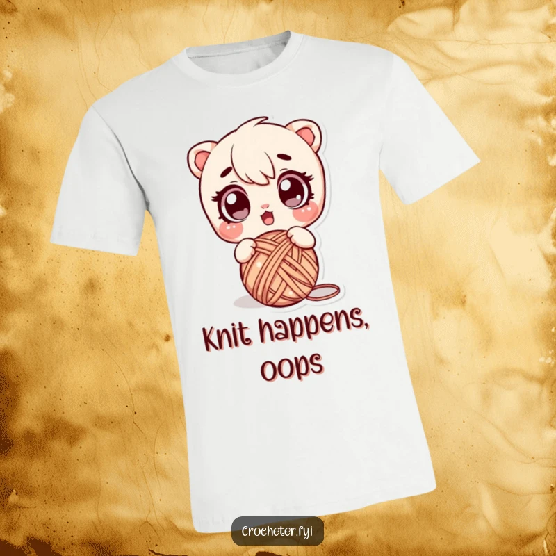 Funny t-shirt showcasing a wide-eyed character in shock as a ball of yarn escapes their grasp, highlighting a funny crafting accident.