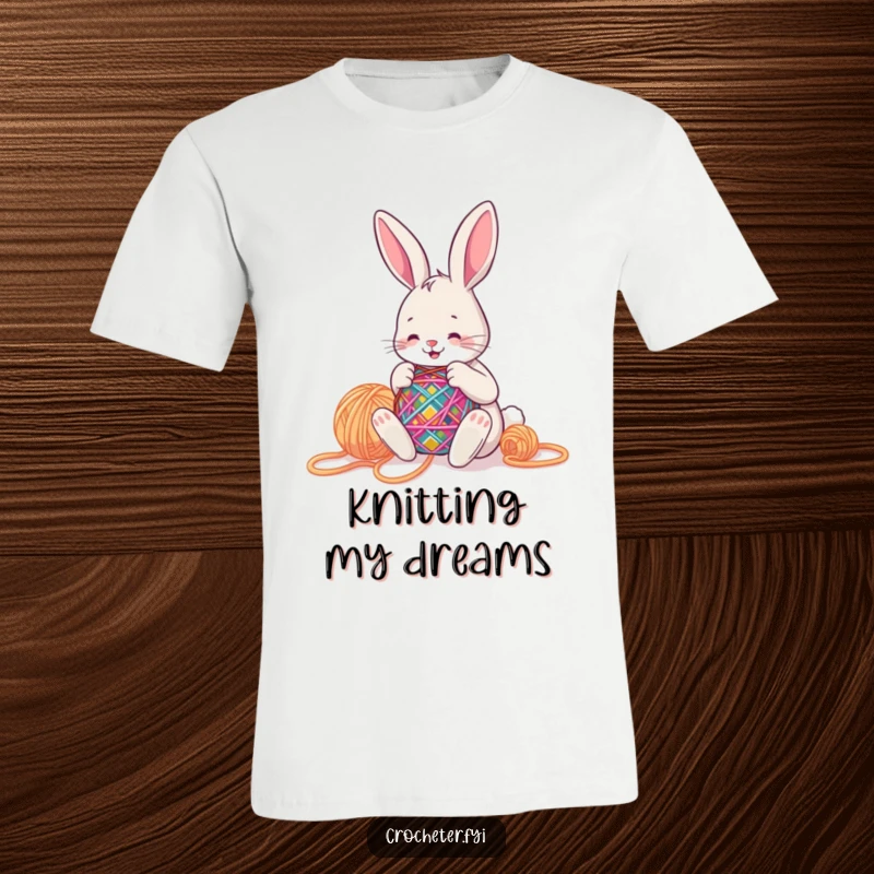 Funny bunny happily stitching a colorful pattern using big yarn, radiating joy and a love for handmade creations on a tee.