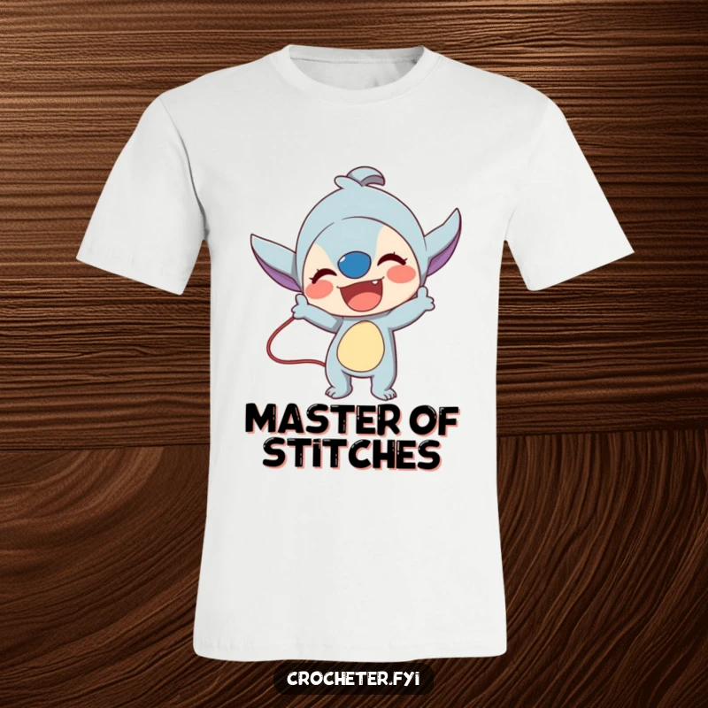 Funny t-shirt where a lively character enthusiastically demonstrates a complicated stitch technique, celebrating skill.