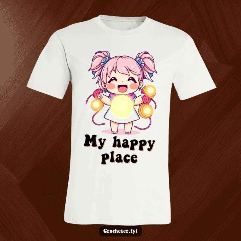 Funny t-shirt, joyful character holding vibrant yarn skeins like glowing orbs, happy crafter apparel.