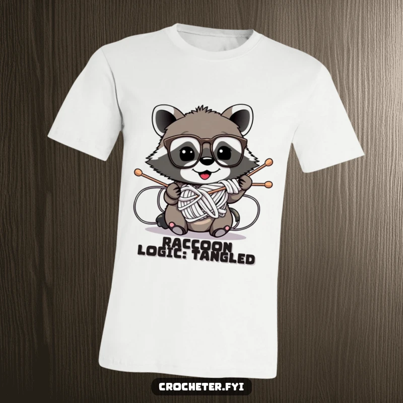 Funny t-shirt with a mischievous raccoon wearing glasses hilariously stuck in knitting needles, a comical yarn tangle.