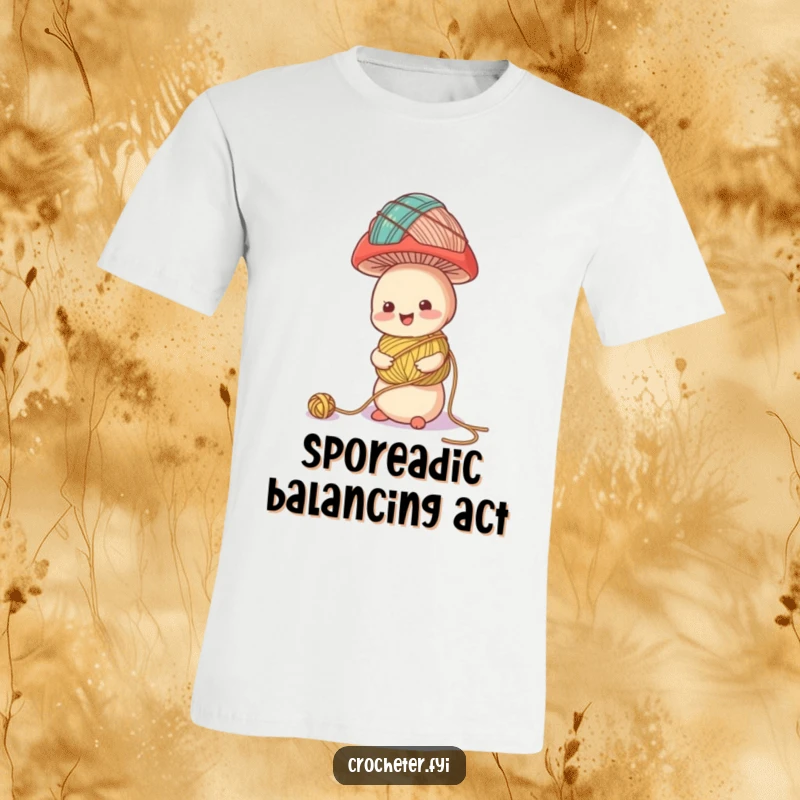 Funny t-shirt featuring a cheerful mushroom character precariously balancing a huge tower of yarn balls, a delightful crafting image.