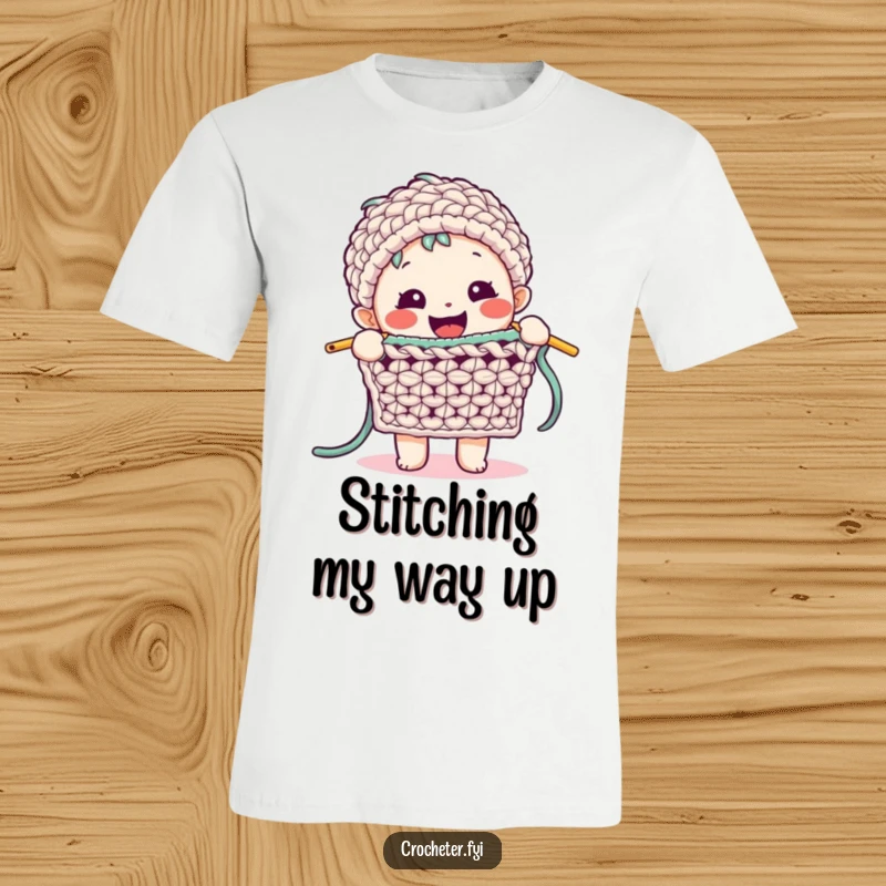 Funny Crochet Stitch T-Shirt: A happy character energetically demonstrates a complex crochet stitch, highlighting skill and enthusiasm.