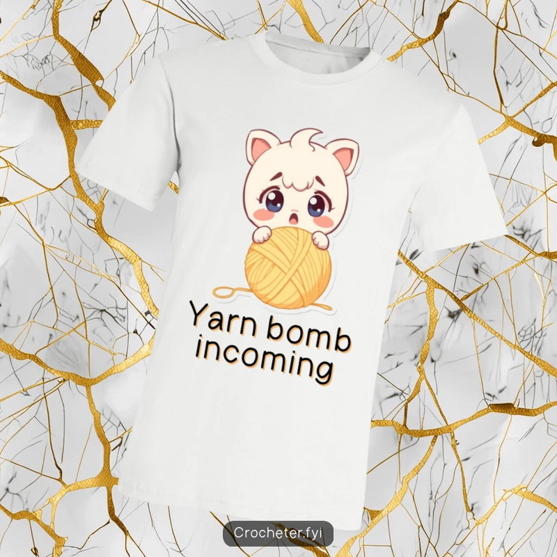 Funny t-shirt with a surprised character dropping a ball of yarn, eyes wide with alarm and crafting chaos.