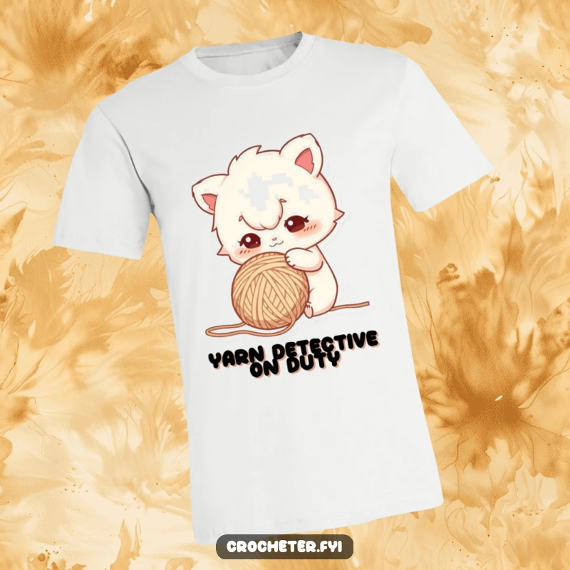 Funny t-shirt depicting a curious character using a finger to poke a ball of yarn with intense focus, showing investigative fun.