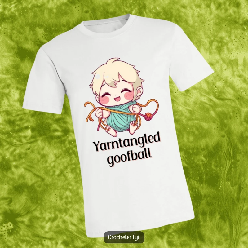 Funny T-Shirt showing a character with a mischievous grin, humorously tangled in colorful yarn strands, embodying the joy of fiber arts.