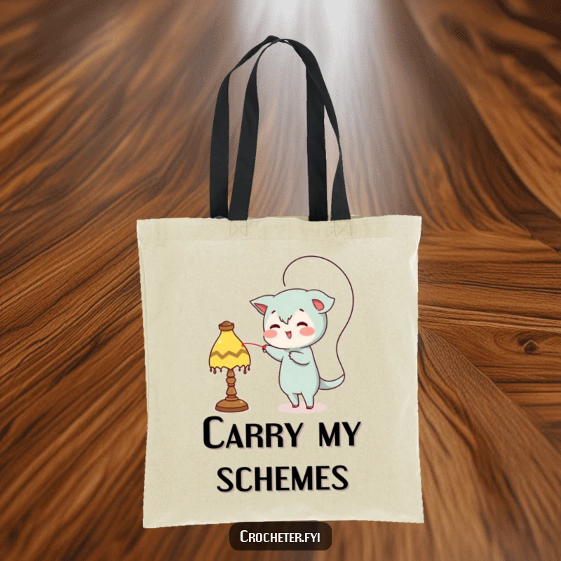 Funny tote bag, mischievous character looping thread around a lamp, humorous and practical accessory.