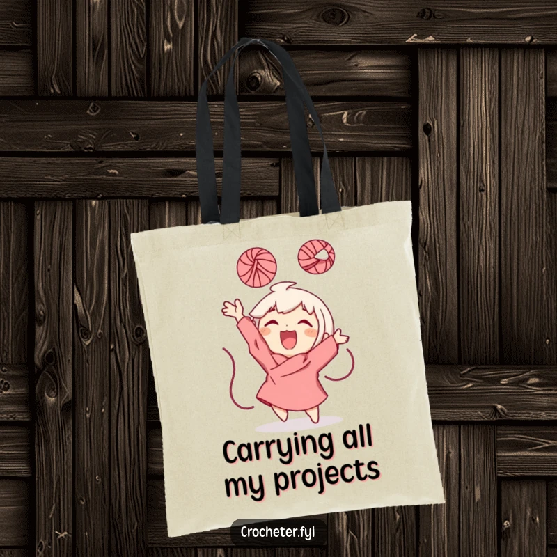 Funny Tote Bag with a character gleefully throwing a ball of yarn into the air, great for carrying items with spreadable joy.