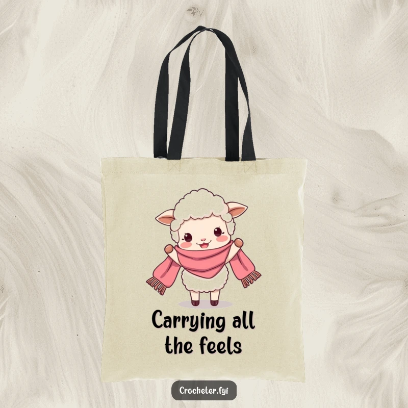 Funny perky sheep beaming while holding a very long scarf, a whimsical and practical tote bag design.