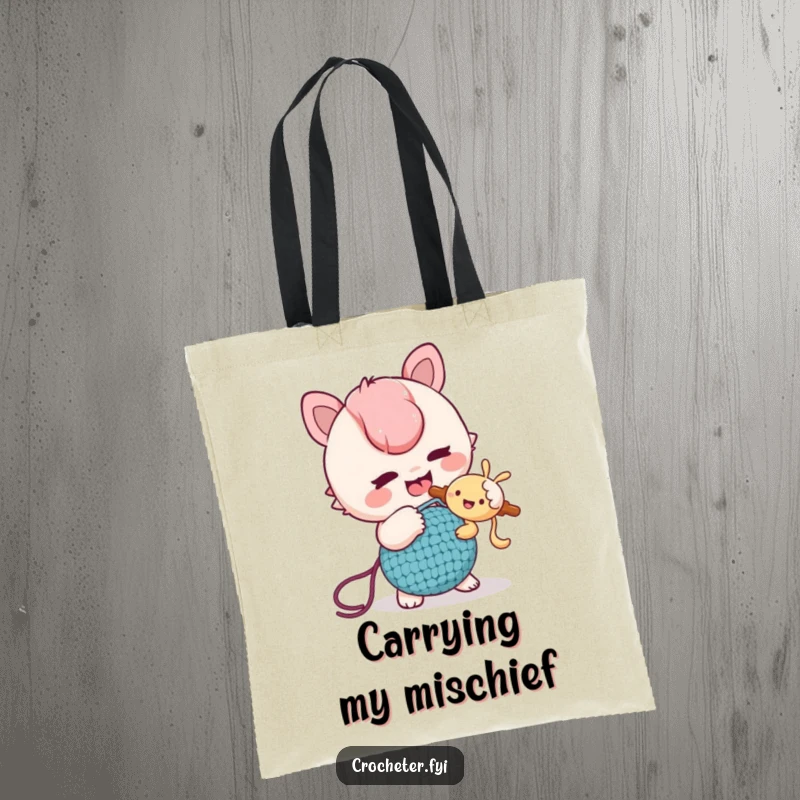 Funny Tote Bag: A mischievous character playfully tickles a friend with a crochet hook, ideal for carrying supplies and jokes.