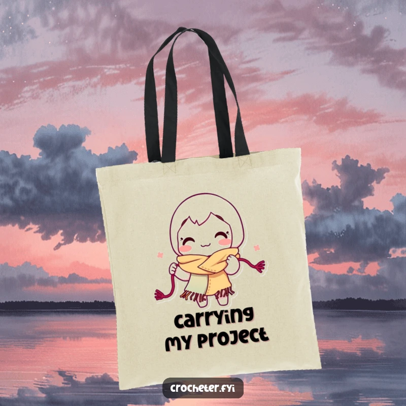 Funny yarn looping tote bag, featuring a smiling character energetically crafting a colorful scarf from yarn.