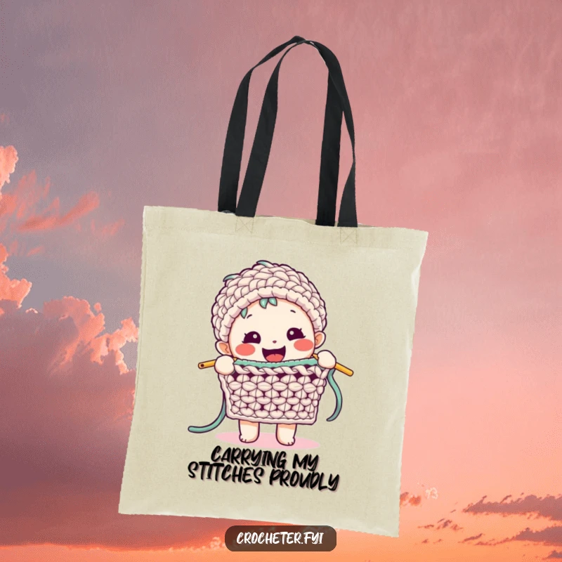 Funny Crochet Tote Bag: A happy character demonstrates a complex crochet stitch with enthusiasm, perfect for carrying yarn and tools.