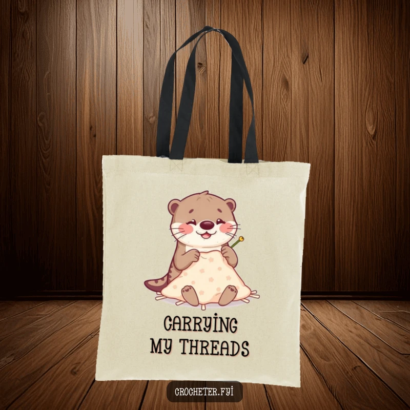 Funny Otter Stitching Tote Bag: Happy otter humorously crafts with large, clumsy needles, a perfect funny gift for crafters.