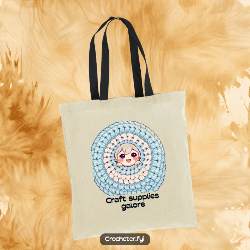 Funny tote bag depicting a cheerful character emerging from a colossal crochet project, ideal for yarn storage.