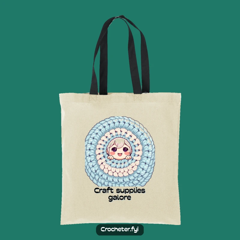 Funny Yarn Tote Bag - Cheerful Character Peeking from Massive Crochet Project, Perfect Gift