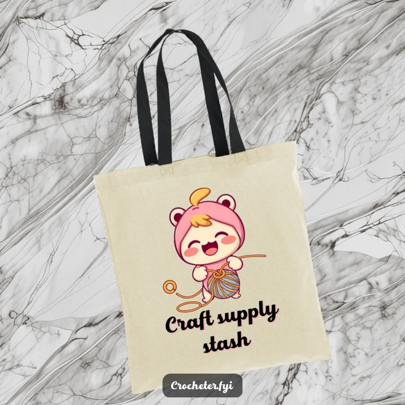 Funny tote bag showcasing a cheerful character enthusiastically crocheting, pulling yarn through a loop with a hook, ideal for yarn storage.