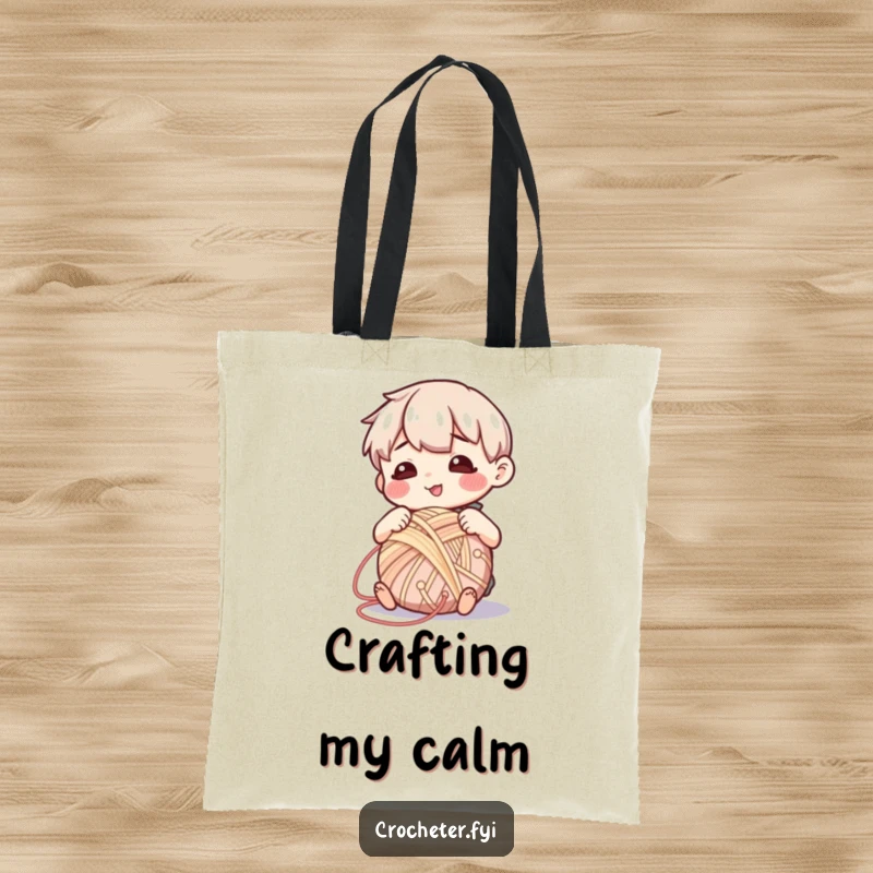 Funny tote bag with a contented character peacefully winding yarn, perfect for knitters seeking a stylish and serene accessory.