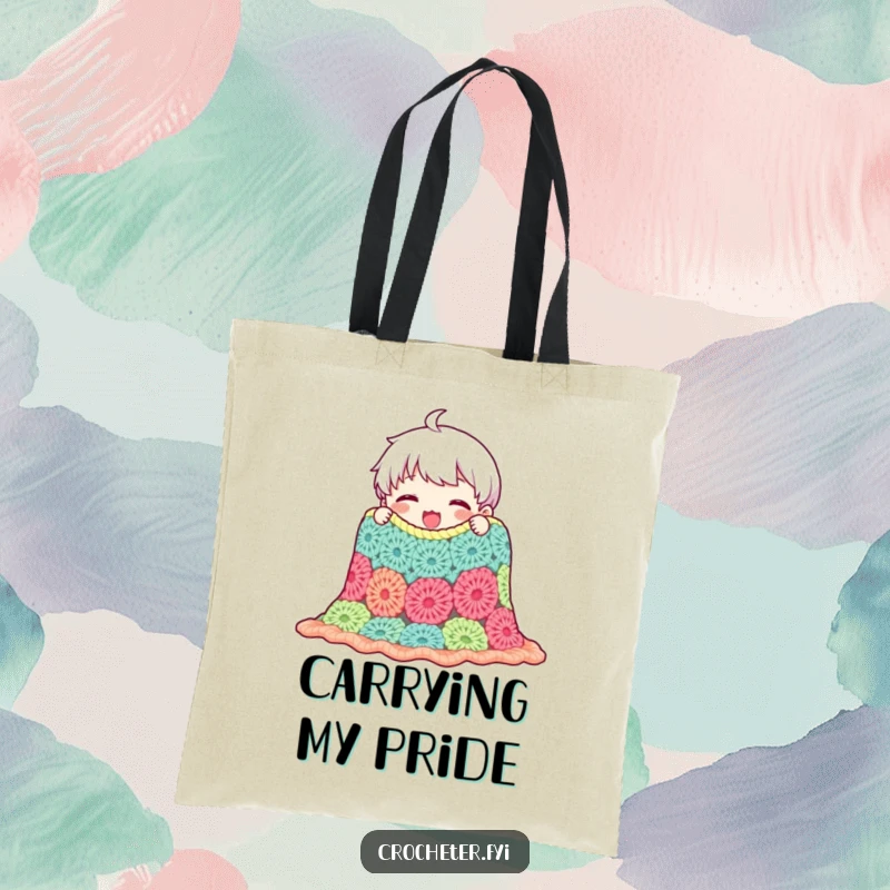Funny tote bag showcasing a content character admiring a crocheted blanket, perfect for carrying craft supplies with a dose of handmade pride.