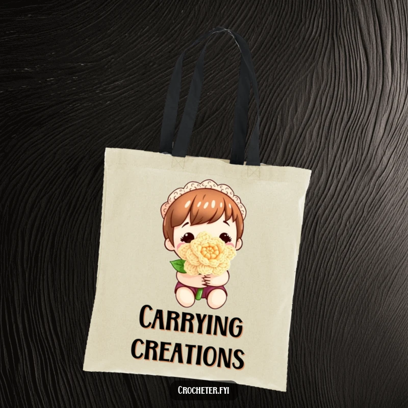 Funny tote bag with a contented character holding a delicate, perfectly crocheted flower, signifying accomplishment.
