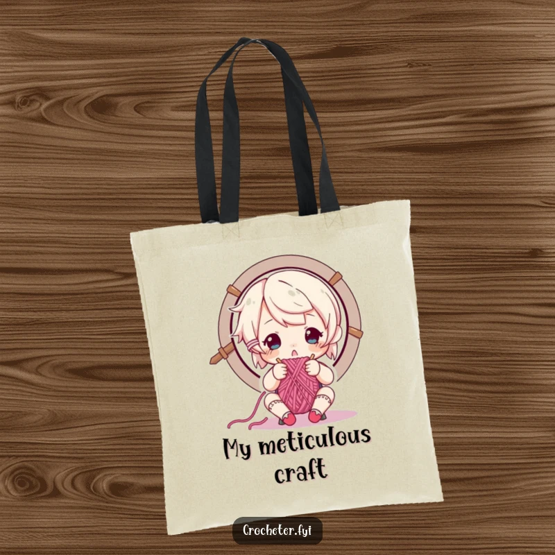 Funny tote bag of a focused character carefully threading yarn through a needle's eye, great for project storage.