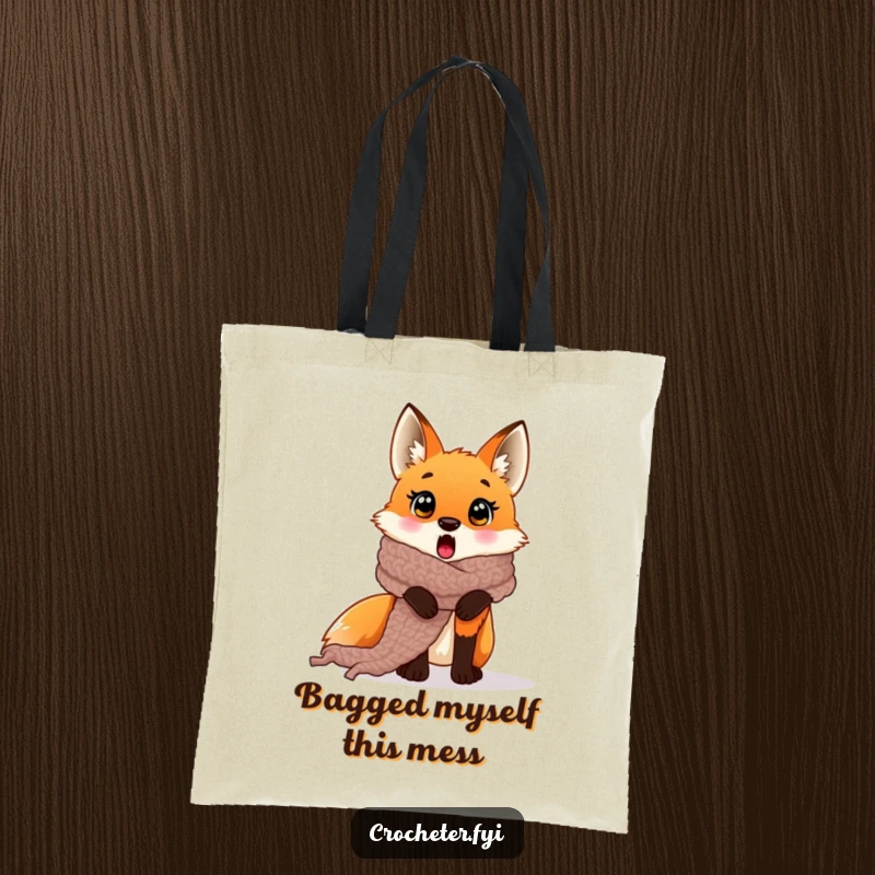 Funny surprised fox tote bag entangled in a large crocheted scarf, a humorous and practical accessory.