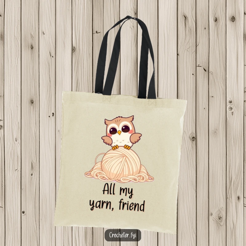 Funny Giggling Owl Tote Bag: Joyful owl humorously drops a large yarn ball, a practical funny gift.