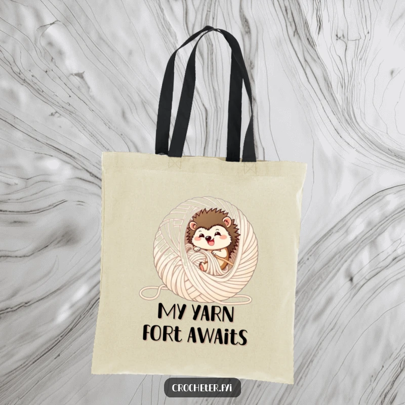 Funny hedgehog tote bag, featuring a happy hedgehog nestled and rolling within a large ball of unravelled yarn.