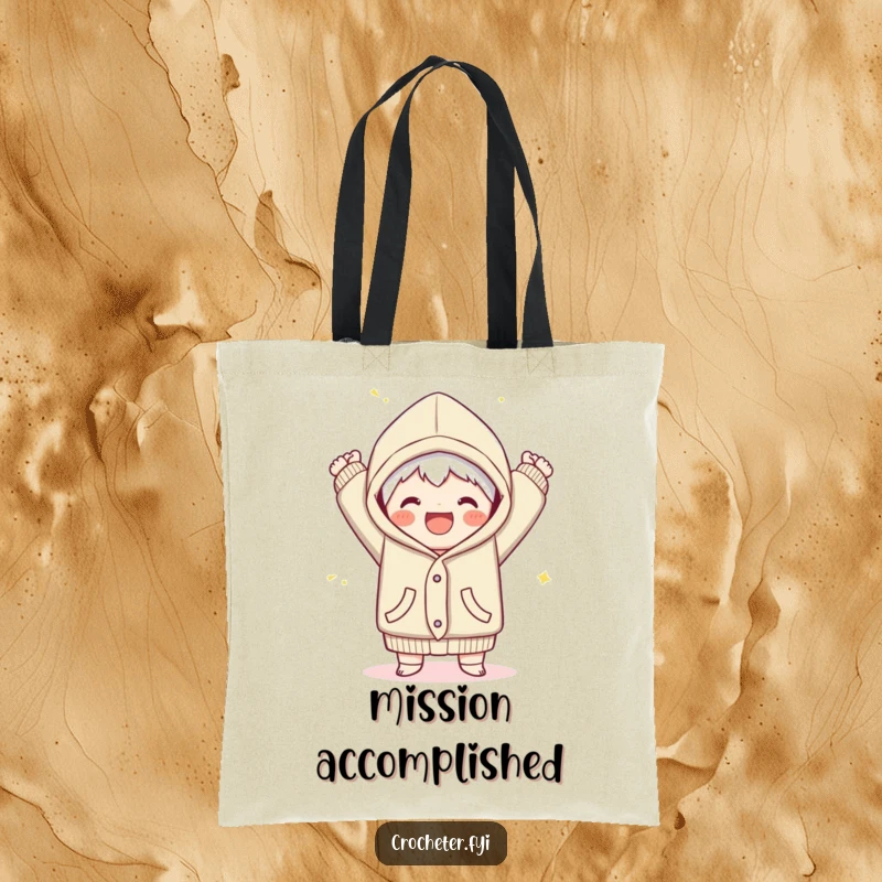 Funny tote bag with a joyful character triumphantly finishing a cozy garment, perfect for proud crafters to carry their work.