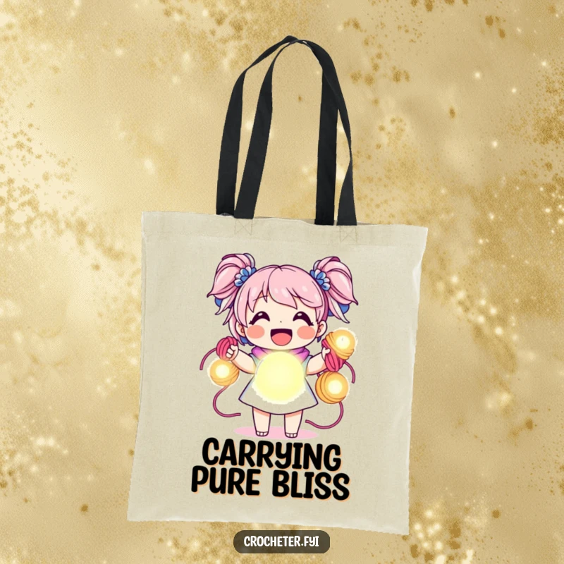 Funny tote bag, joyful character holding vibrant yarn skeins like glowing orbs, humorous and practical.