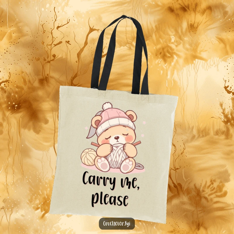 Funny sleepy bear tote bag featuring a bear trying to crochet a hat but dozing off, perfect for carrying supplies.