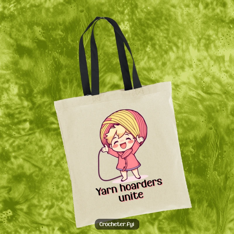 Funny character casting a large colorful yarn ball, presented on a tote bag. A humorous and delightful crafting-themed design, excellent as a funny gift.
