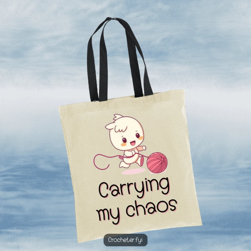 Funny tote bag showcasing a character playfully pursuing a runaway ball of yarn, perfect for carrying items with a dose of lighthearted fun.