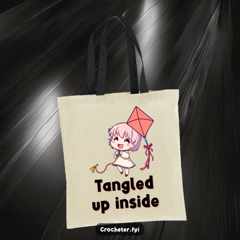 Funny tote bag showing a delighted character flying a yarn strand like a kite, celebrating imagination and playfulness.