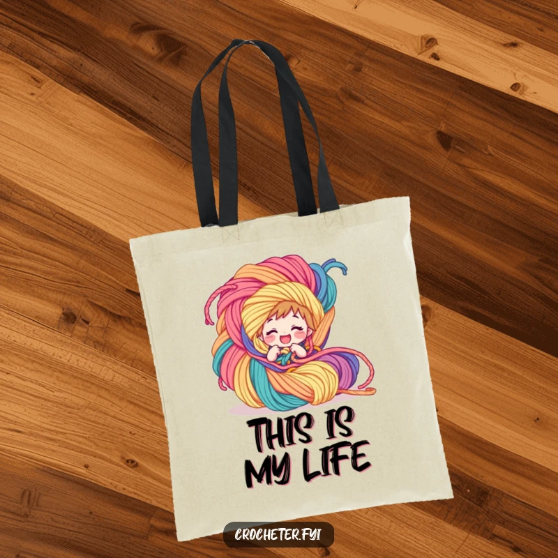 Funny Tote Bag: A giggling character is hilariously ensnared by a massive, vibrant yarn creation, perfect for carrying craft supplies.