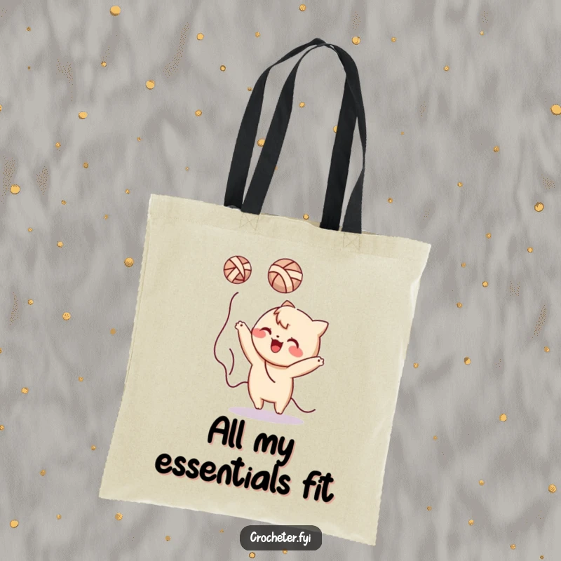 Funny yarn tossing character tote bag, depicting a playful character enjoying a yarn explosion, both functional and humorous.