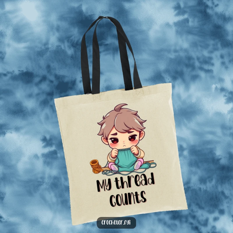 Funny tote bag with a determined character focused on counting knitting stitches, ideal for carrying yarn and supplies.